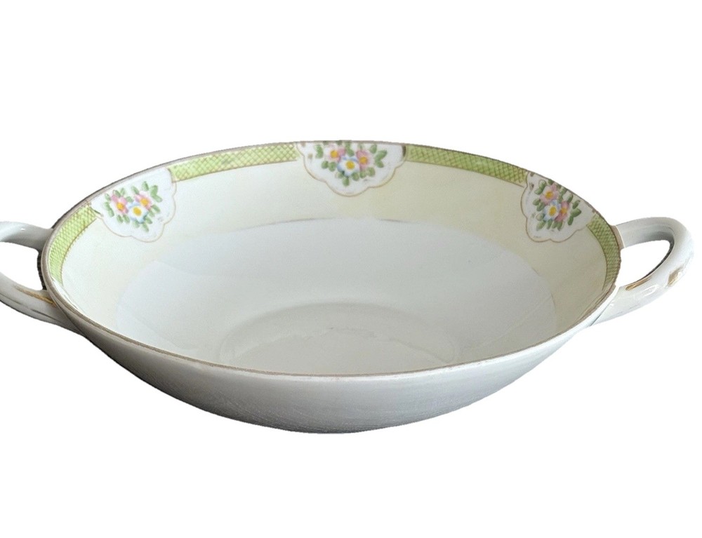 Antique Hand Painted Nippon Serving bowl floral 9”dia With Handles Gold Accent