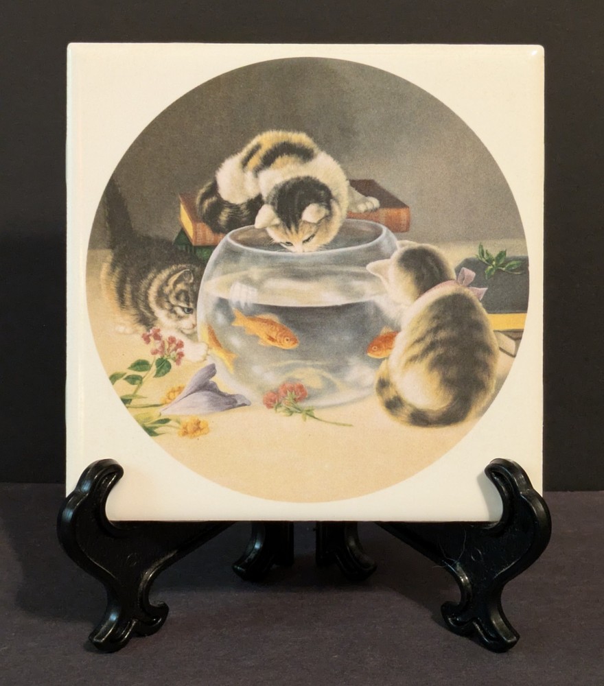 Three Kittens Looking At Goldfish Bowl Tile 4.25