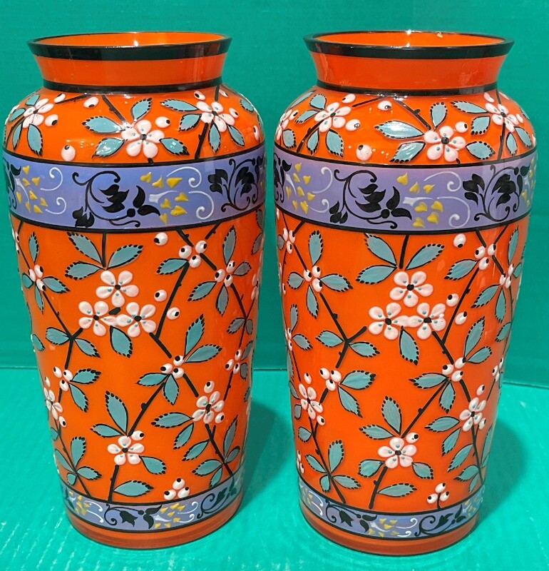 Czechoslovak Bohemian Heavy Enamel Floral Design Pair of Vases
