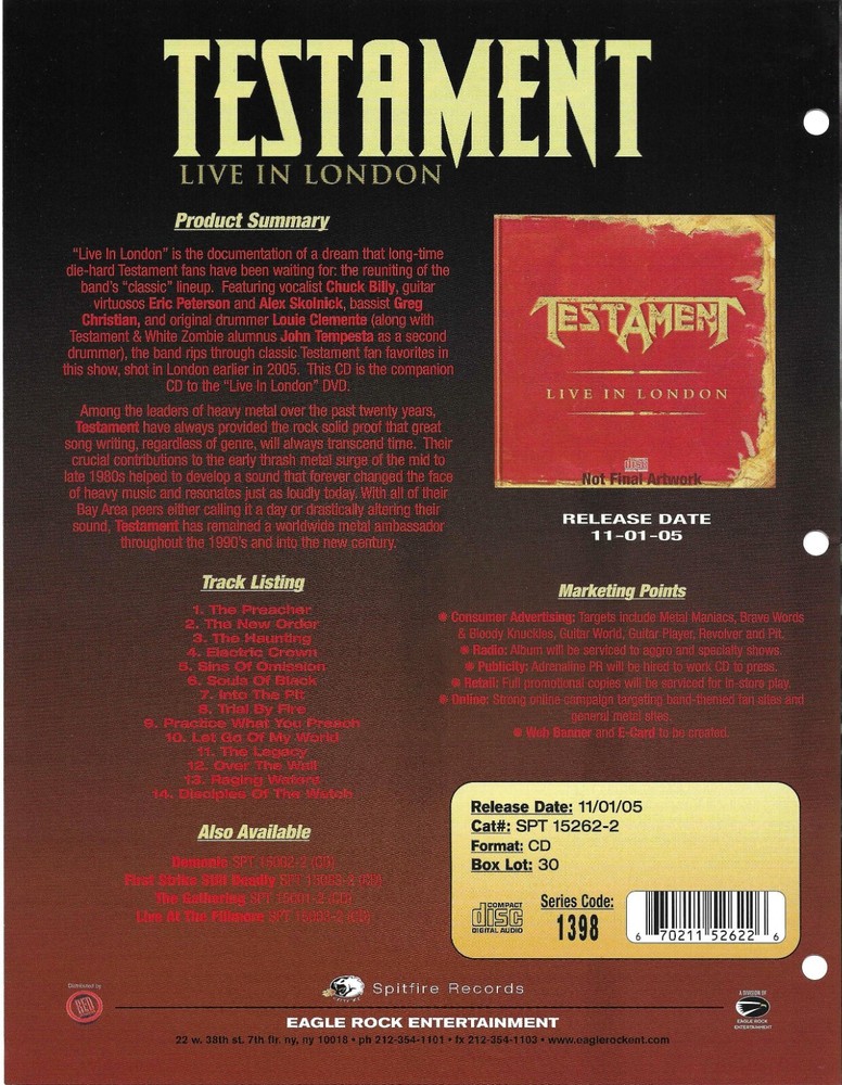 TESTAMENT Rare VINTAGE 2005 PROMO TRADE AD Poster for Live London 8.5x11 MINT