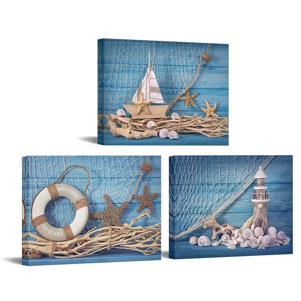3 Piece Beach Canvas Wall Art Seashell Startfish with Blue Board Picture Prin...