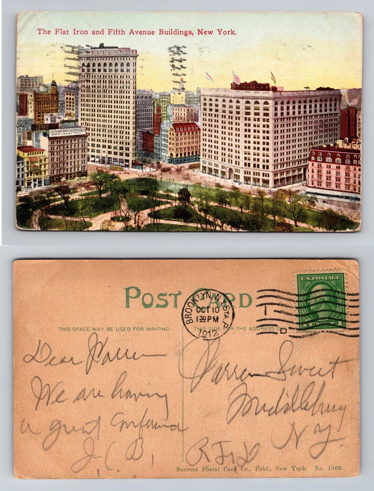 New York NY-New York Flat Iron and Fifth Avenue Buildings Vintage c1912 Postcard