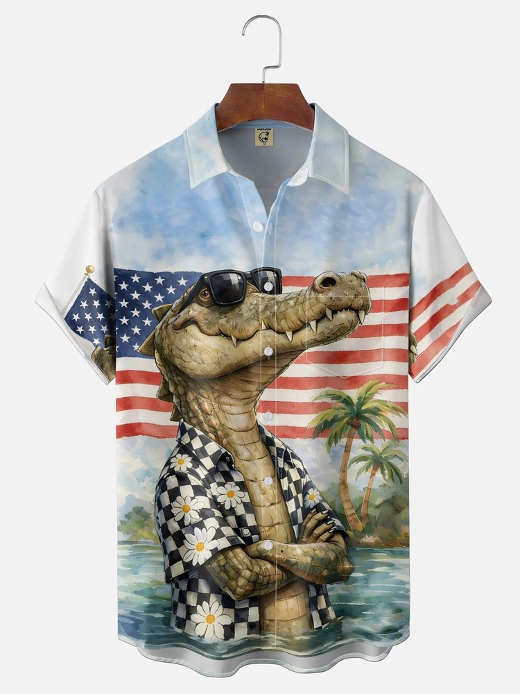 American Flag Crocodile Chest Pocket Holiday Hawaiian Shirt