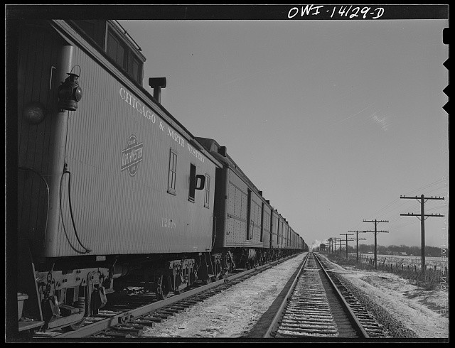 Photo:Chicago and North Western Railroad Freight Train 1943 Main Line Stop