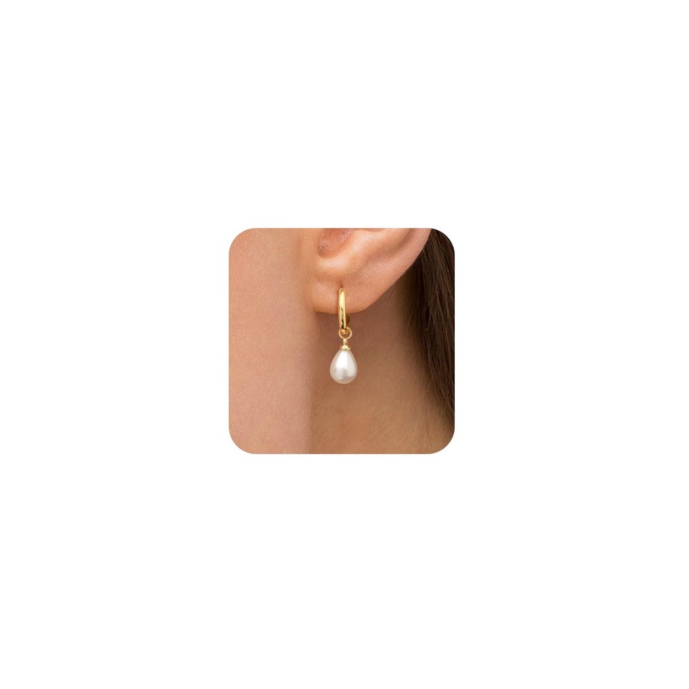 Robaice Gold Pearl Dangle Earrings for Women, 14K Gold Plated Small Pearl Dro...