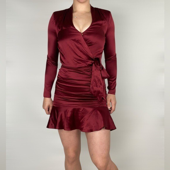 VERONICA BEARD NWT Agatha Wrap Effect Ruched Silk Satin Mini Dress in Cabernet