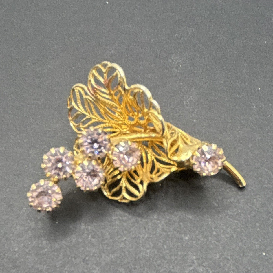 Gold Tone Flower Brooch with Purple Round Rhinestones Metal Floral Design 2”