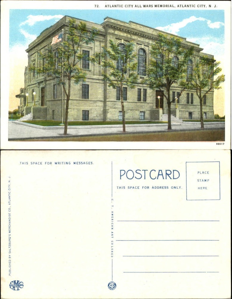 Atlantic City All Wars Memorial New Jersey 1920s postcard