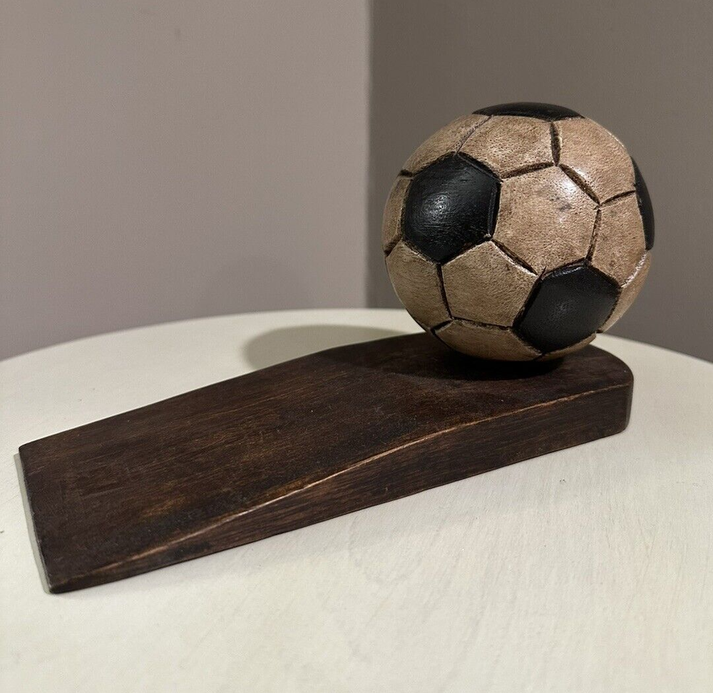 Acacia Wedge Wood Soccer Ball Doorstop Hand Carved from Thailand-image
