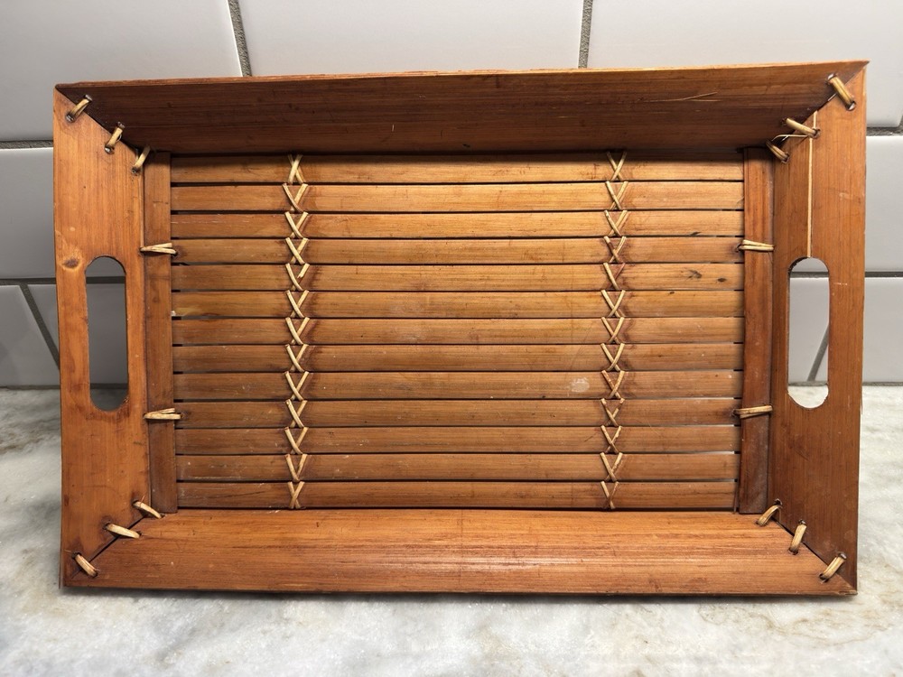 Vintage Handmade Lightweight Bamboo Reed Serving Tray 14” X 9” With Handles