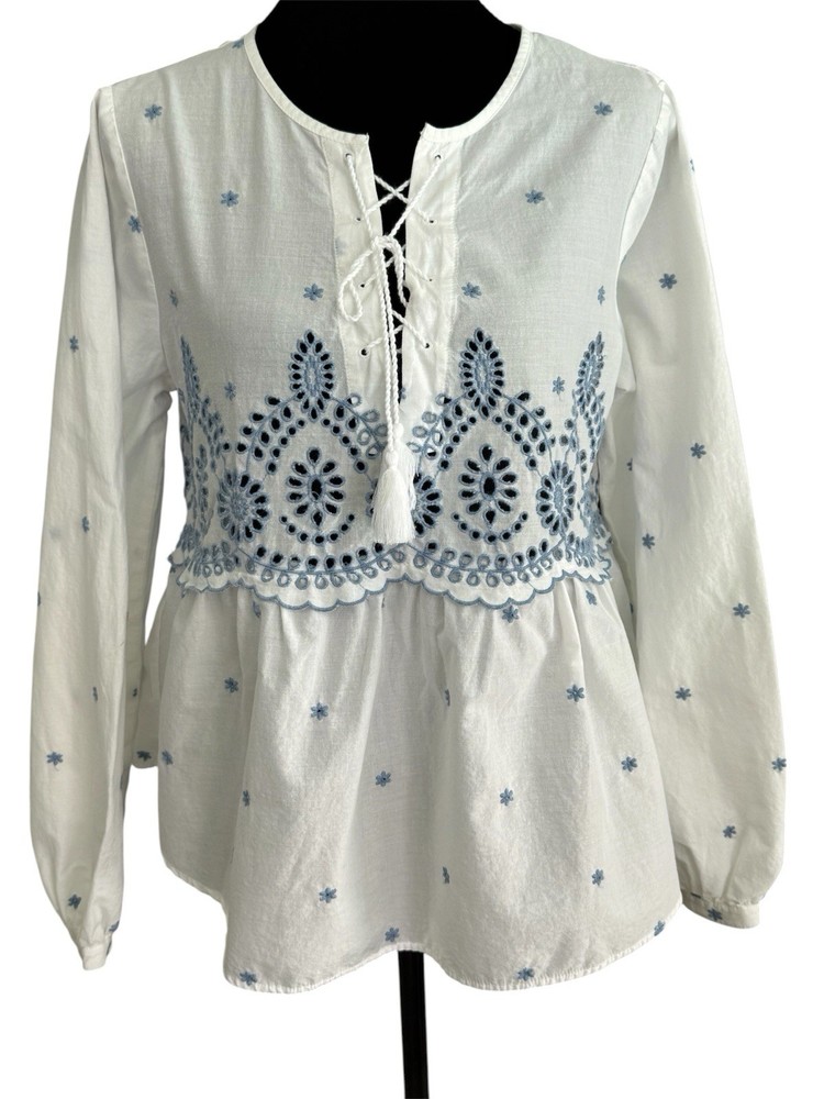 Gap Women's White Striped Eyelet Blouse Long Sleeve Tassels Size Small.