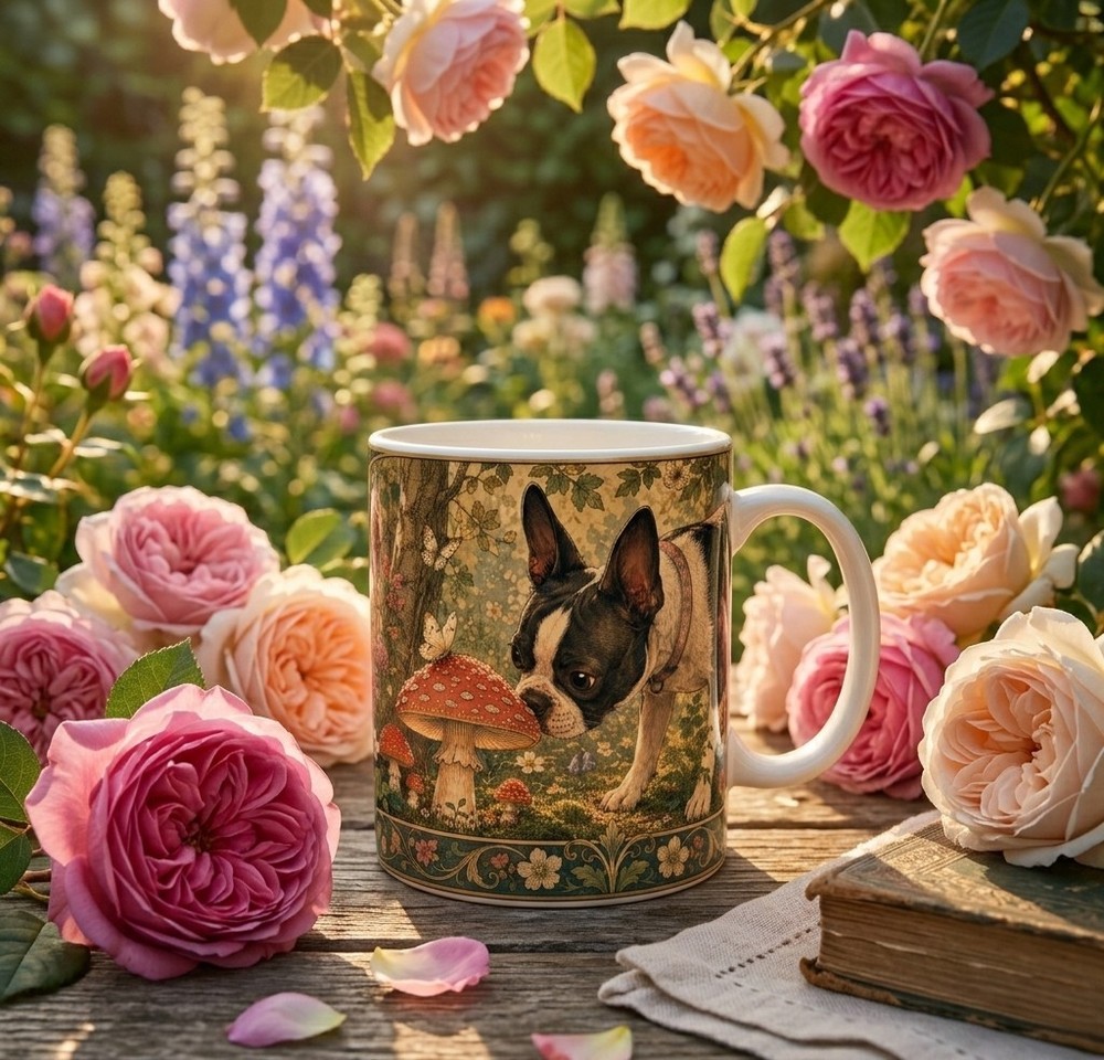 Boston Terrier Dog Coffee Mug 11oz Mushroom Cottagecore Art Nouveau Ceramic Cup