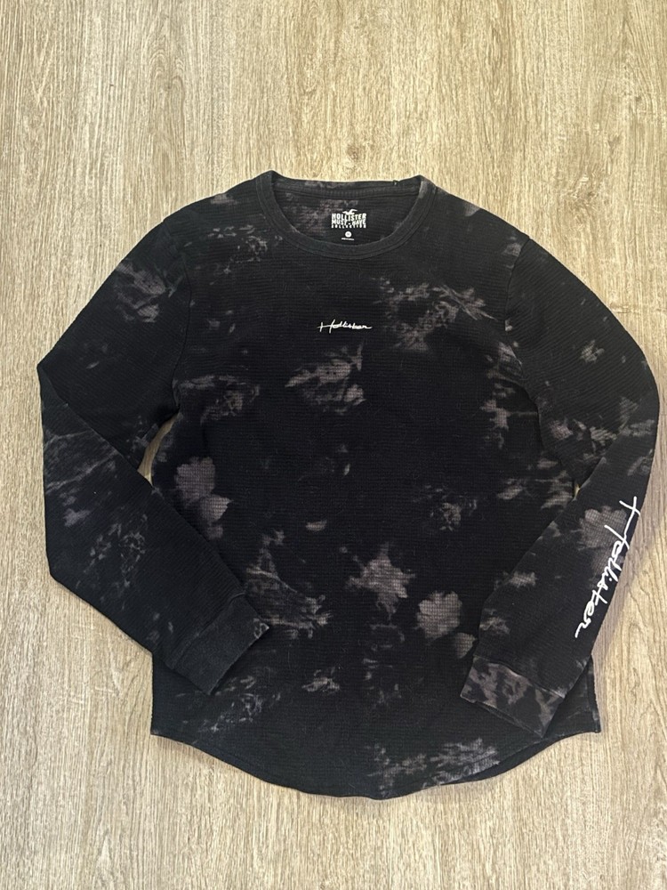Hollister Black/Gray Crew Neck Long Sleeve Men's T-Shirt M Tie-Dye Logo