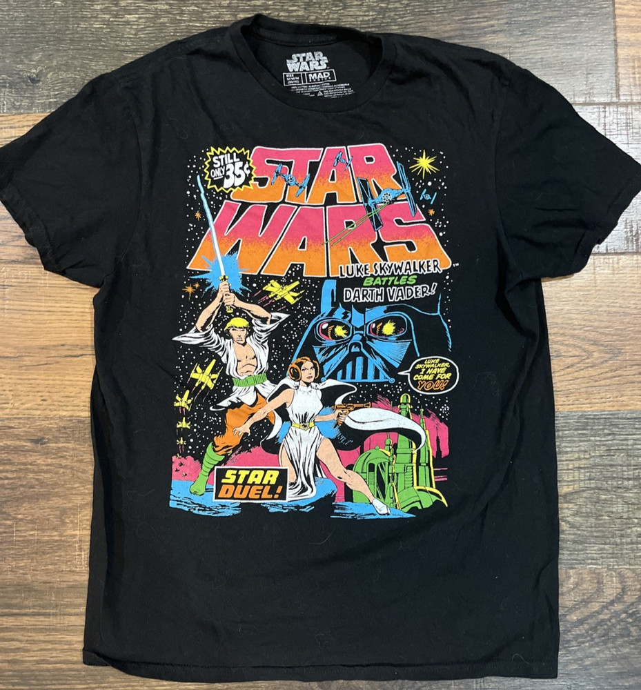 Star Wars Graphic T-Shirt Luke Skywalker & Darth Vader Battle Black Medium Mens