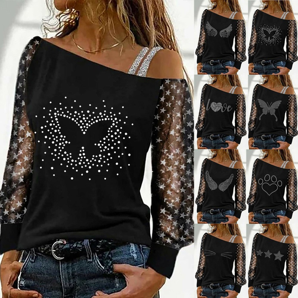 Womens Cold Shoulder T-shirt Bling Rhinestone Tee Tops Long Sleeve Autumn Blouse