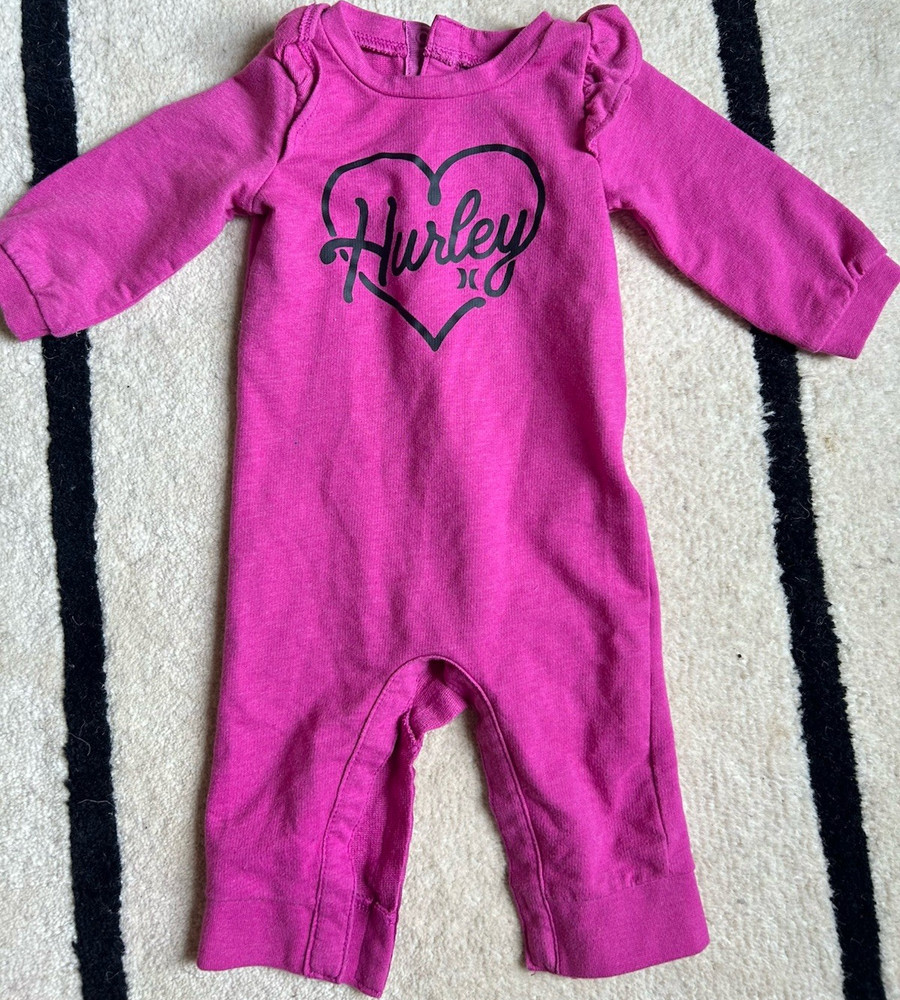 Hurley Girls Romper One-Piece 6M Pink Long Sleeve Cotton Knit Logo Snap