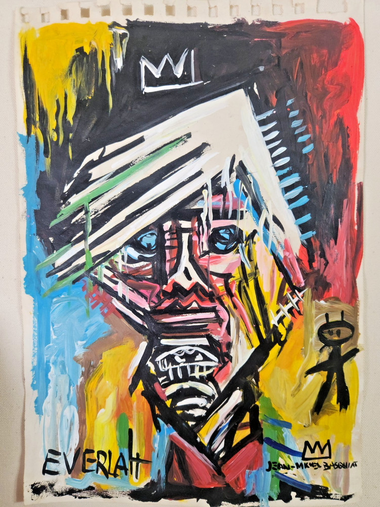 JEAN MICHEL BASQUIAT 12x9 in. Painting on paper (Andy Warhol) signed & stamped