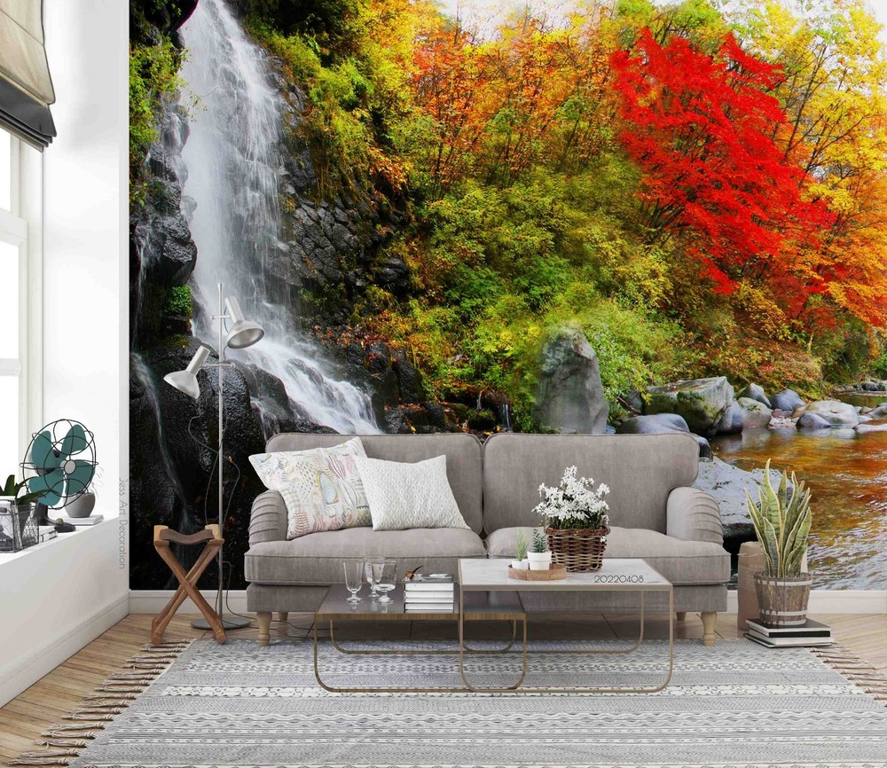 3D Forest Waterfall Autumn Landscape Wall Murals Wallpaper Murals Wall Sticker