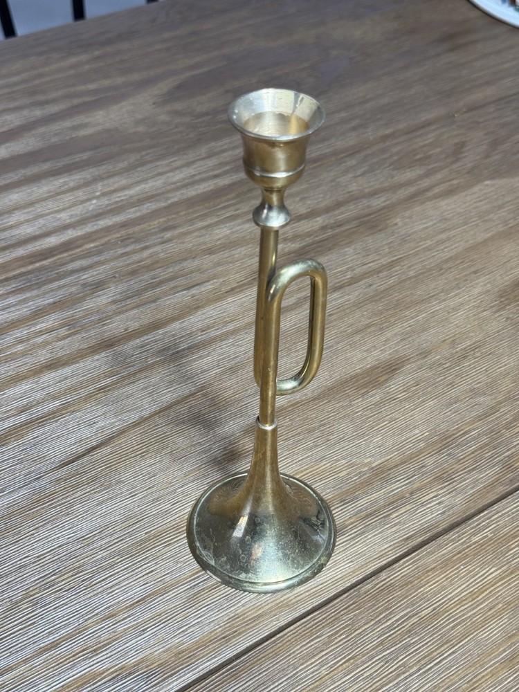 Vintage Brass Bugle Trumpet Candlestick Holder 9 Inch Taper Candle Decor Horn