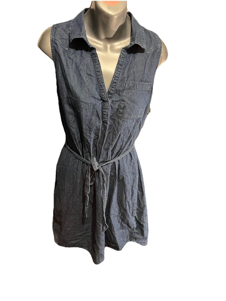 Faded Glory Blue denim sleeveless shirt dress with tie waist size m(8-10)