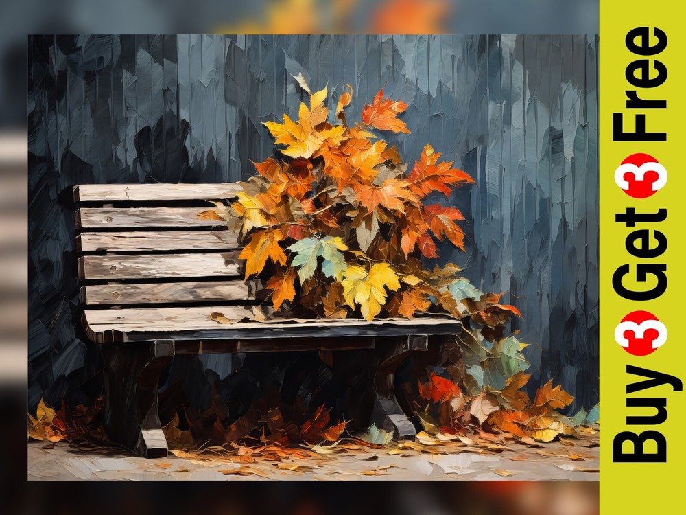 Serene Autumn Leaves Bench Oil Painting Print 5x7 Matte Paper