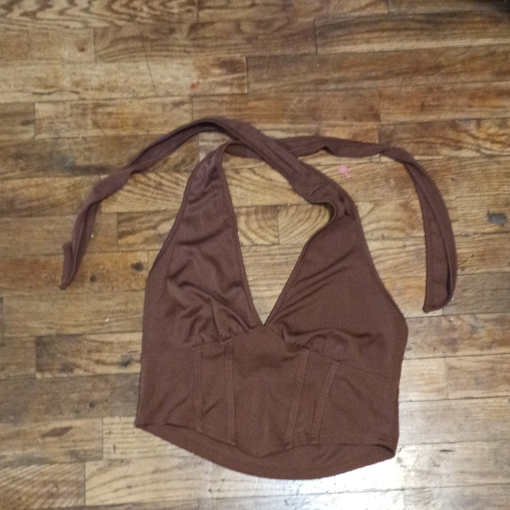 SHEIN Women’s L Brown Polyester Woven Halter Cropped Sleeveless Tank Top