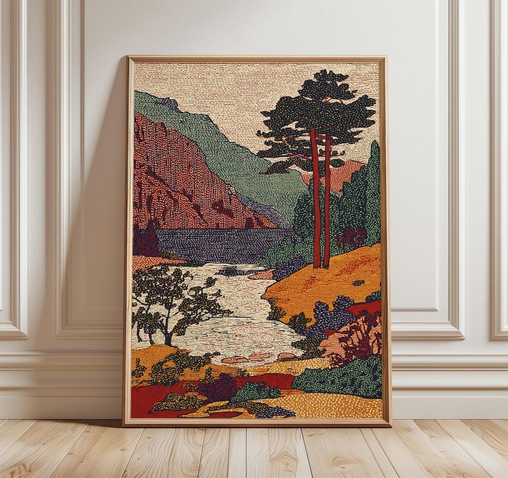 Vintage Mountain River Landscape Art Print – Retro Scenic Nature Poster