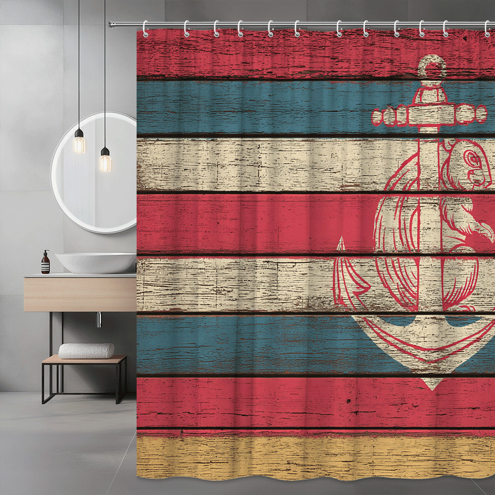 Anchor Nautical Shower Curtain Red Blue Wood Planks