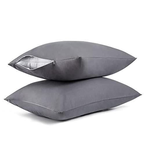 Cotton Pillow Protectors/Cases Queen Size with Zipper 2 Queen-2pack-400TC Grey