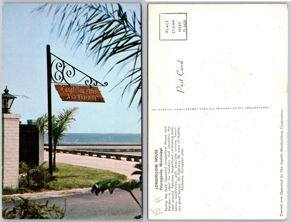 Longfellow House And Gardens Sign Seawall Pascagoula Mississippi Postcard
