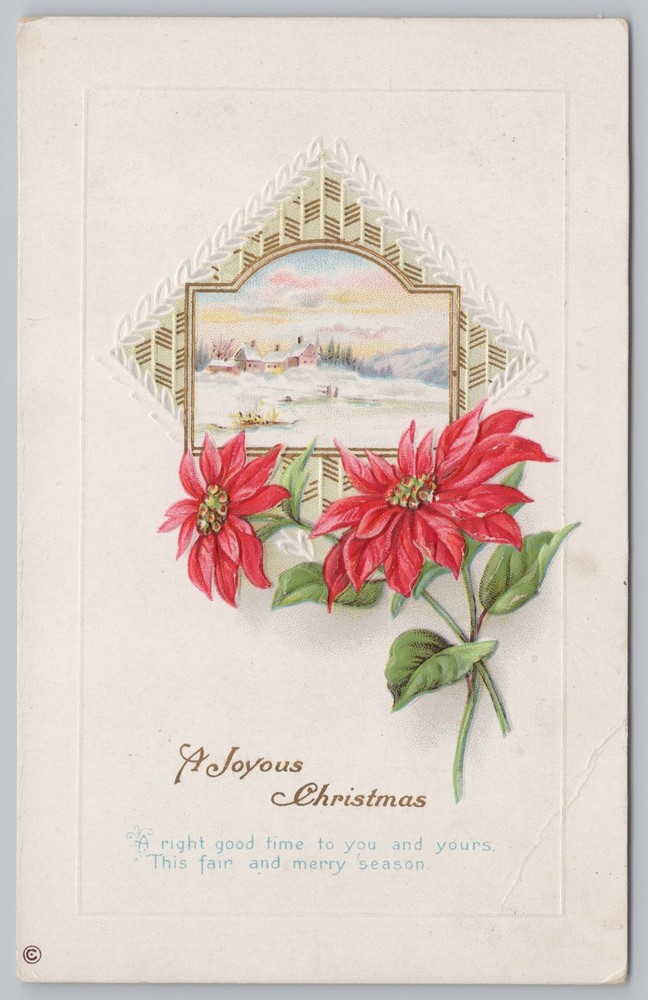 Holiday~Poinsettias~Gold Leaf~Embossed Stecher Vintage Postcard