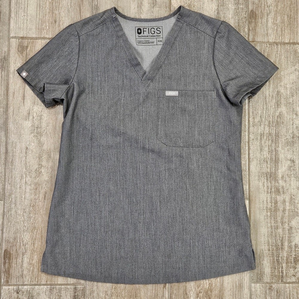 Figs Top Womens Size XXS Catarina One-Pocket Scrub Short Sleeve Grey V Neck