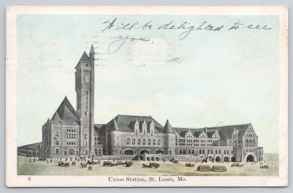 1908 Union Station St. Louis MO Postcard Posted Horse Carriages Clock Tower