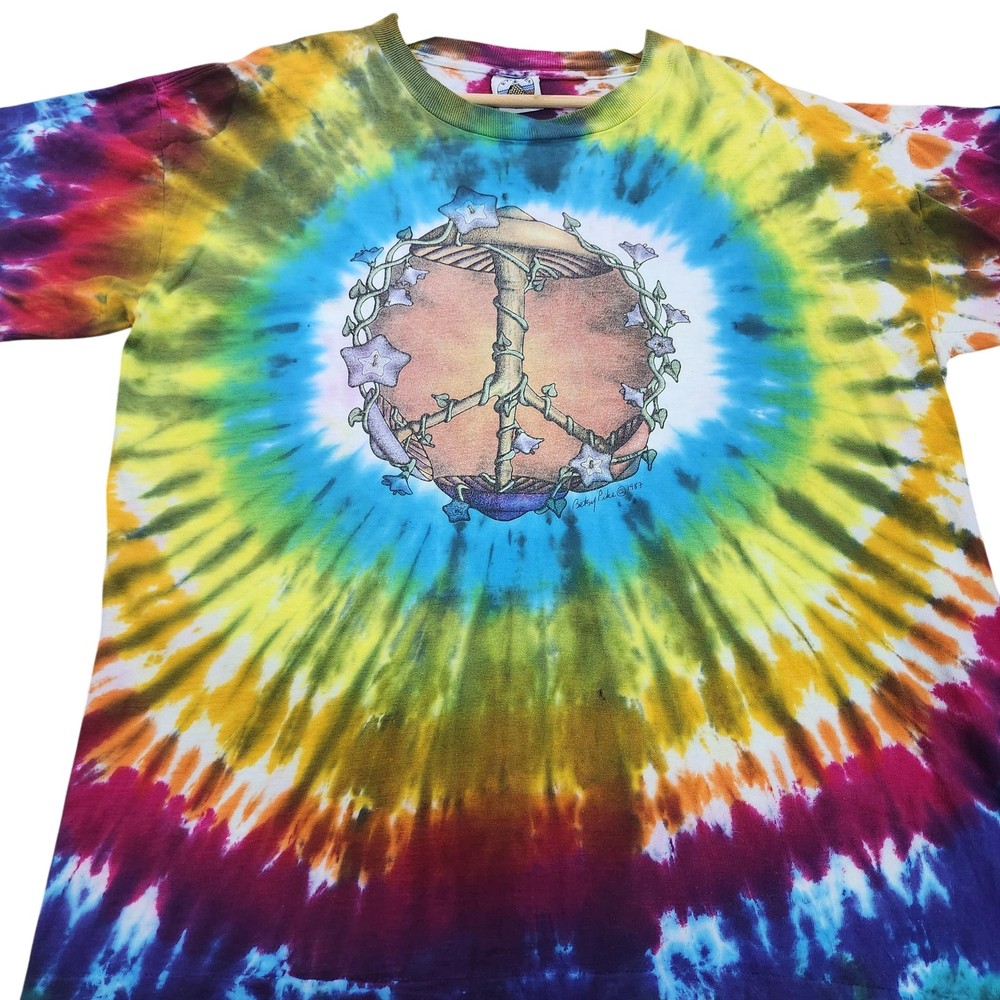 Vintage Brite Dye Shirt Mens XL Multicolor Tie Dye Peace Graphic Tee 1987