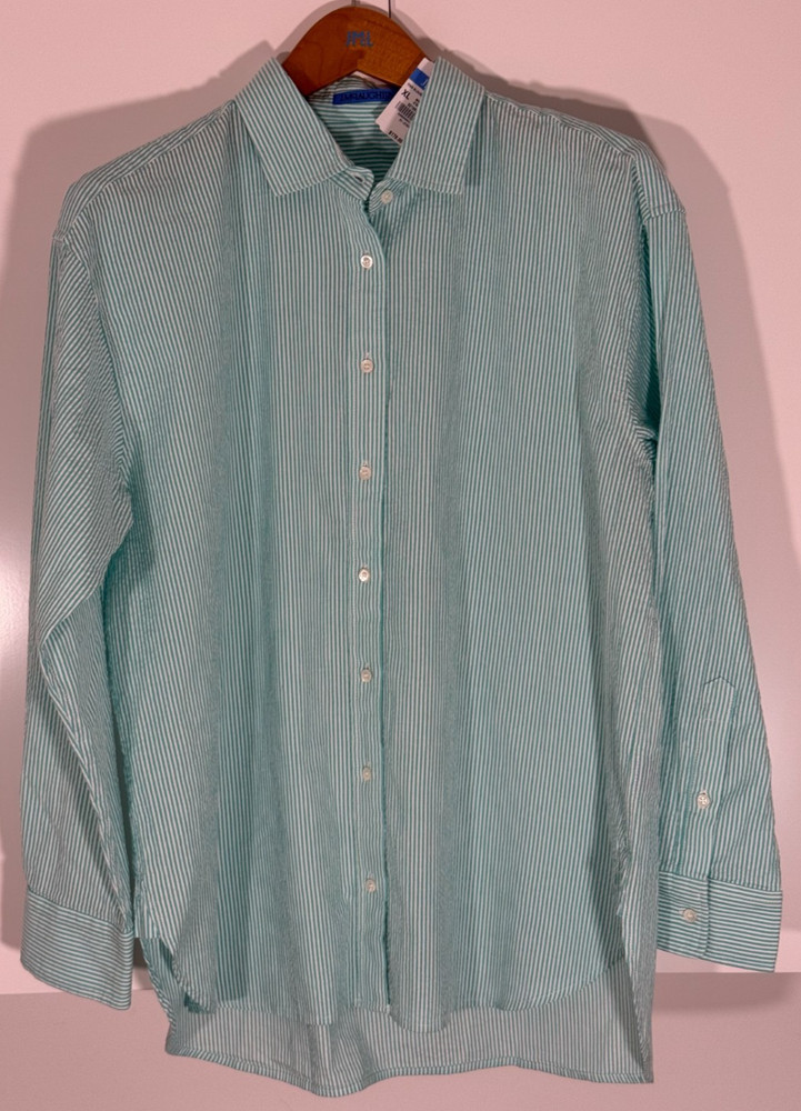 J.McLaughlin Finn Blouse XL White Green Seersucker Stripe Cotton NWT Orig $178