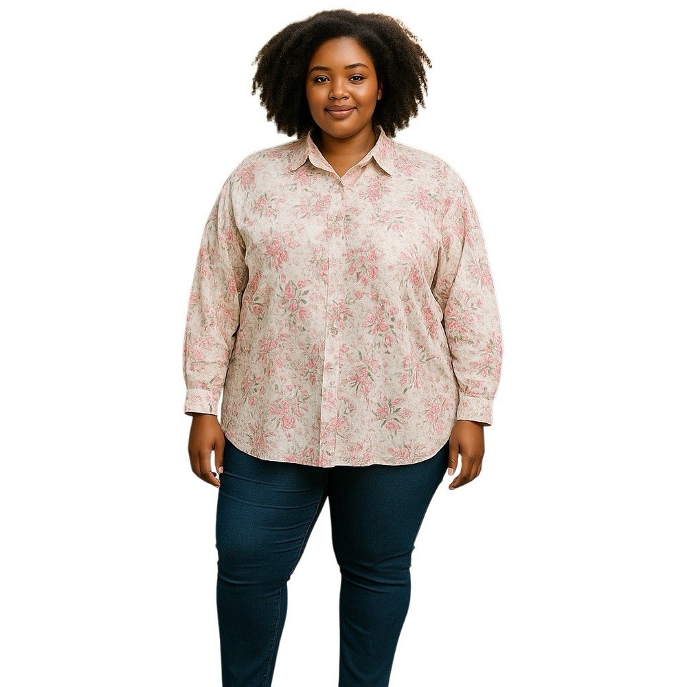 Melrose Studio Womens Pink Tulips Button Blouse Size 20W for Spring Summer Easter