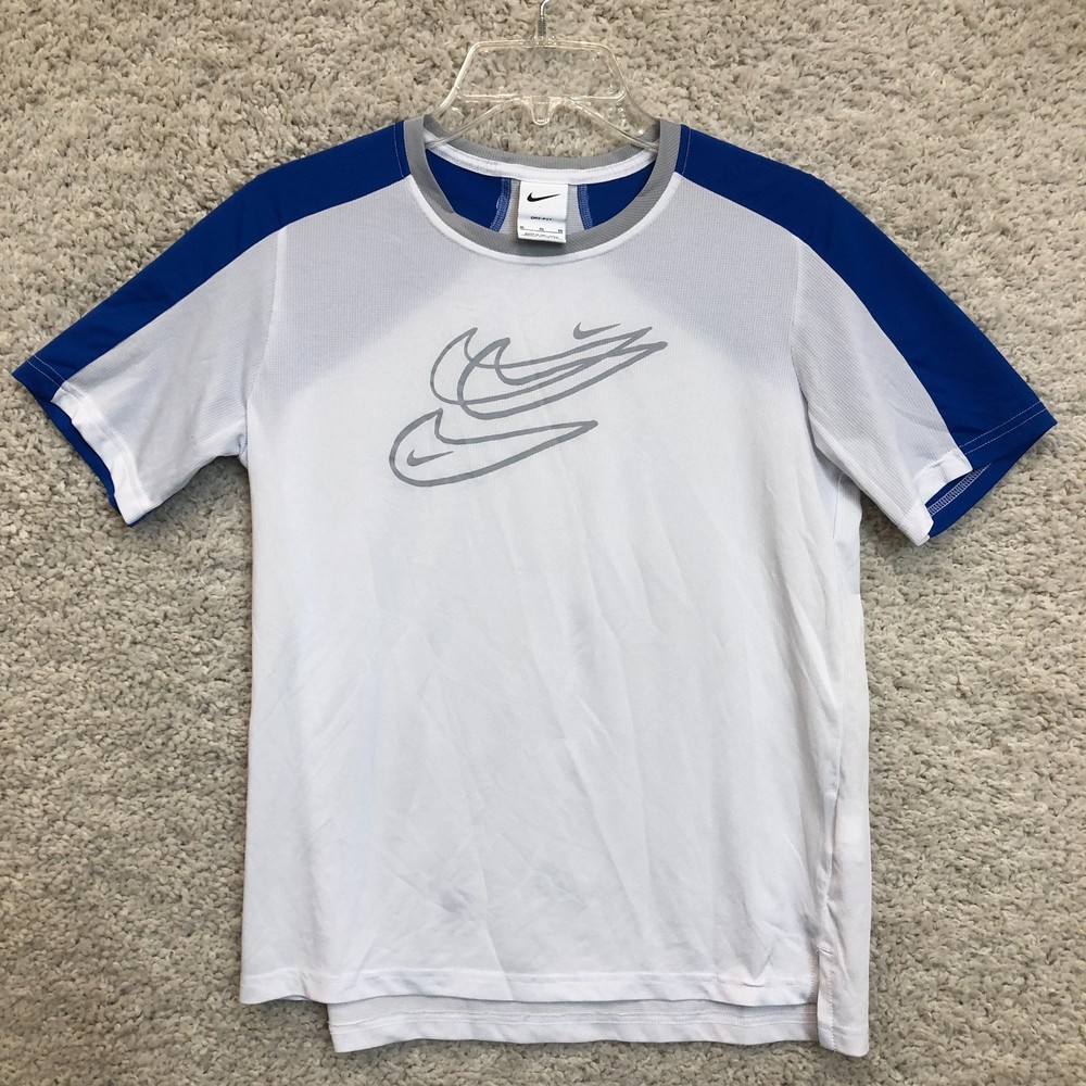 Nike Shirt Dri-Fit Youth Boys Size Extra Large White Blue Graphic Swoosh Gym XL