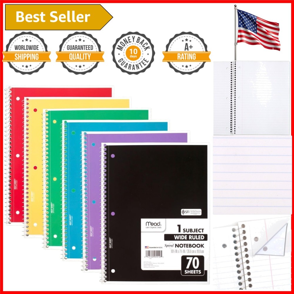 6-Pack Wide Ruled Spiral Notebooks with Smooth Perforated Pages - 70 Sheets