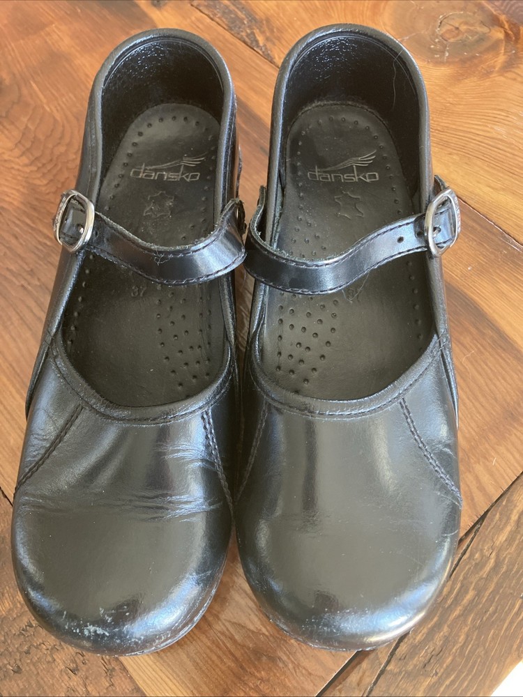 Dansko Leather Marcelle  Mary Jane Strap Clogs Size 37 Black