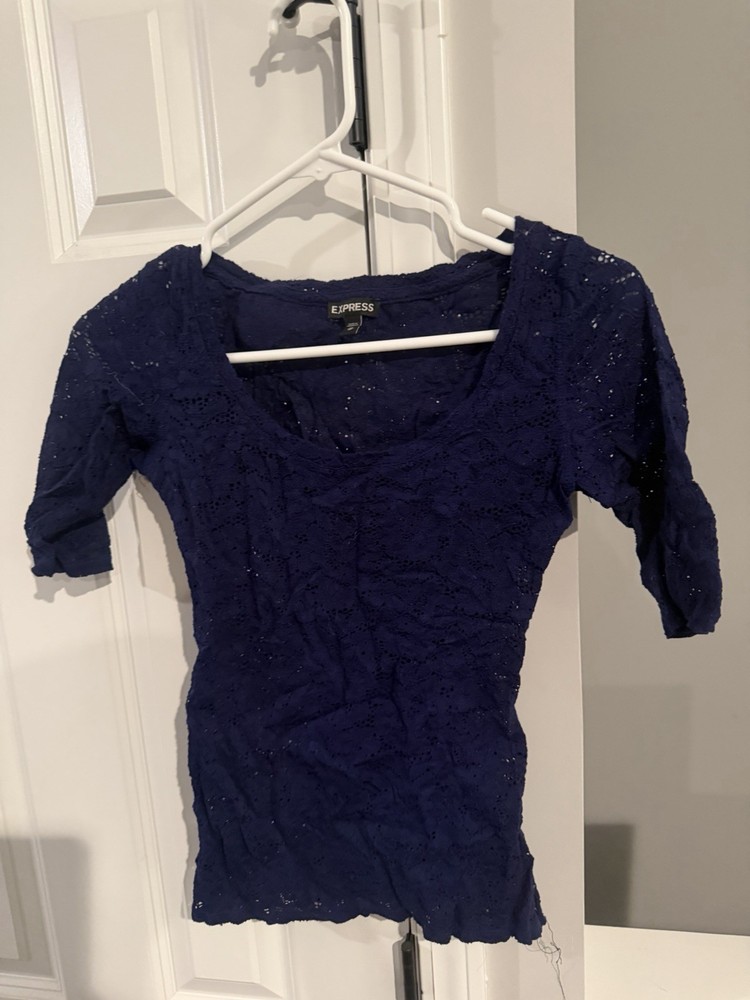 Express Lace Navy Blue 3/4 Sleeve Scoop Neck Women's Regular Blouse Size XS