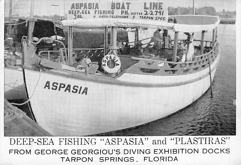 Postcard FL:  Aspasia Boat Line, Deep Sea Fishing, Tarpon Springs, Florida, B&W