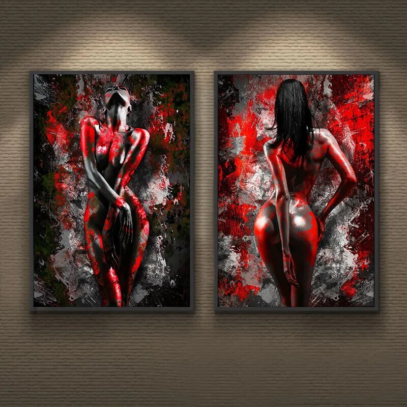 Abstract Black Red Sensual Woman Canvas Wall Art Print-image