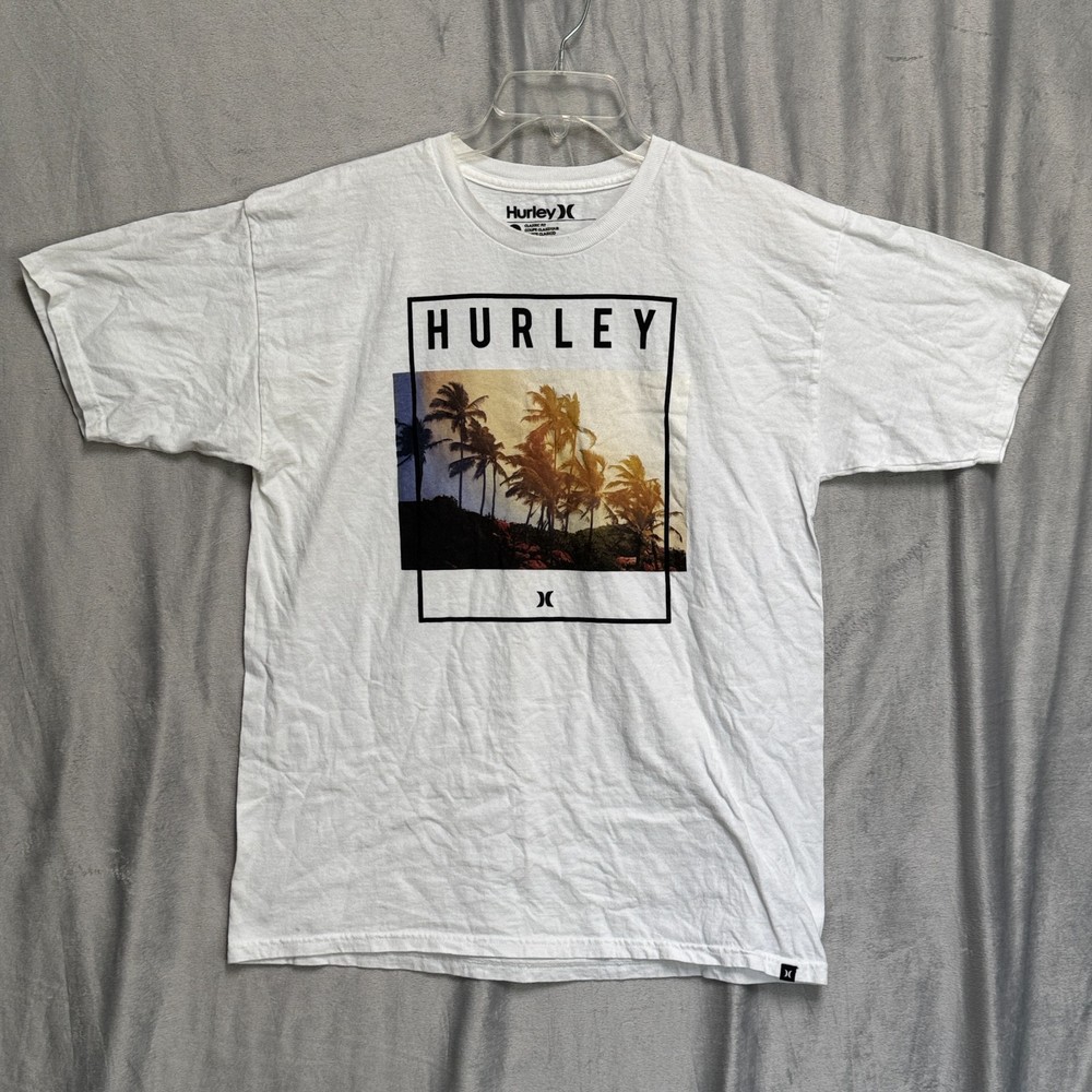 Hurley Graphic T-Shirt Men’s Large White Palm Tree Sunset Surf Skate Classic Fit