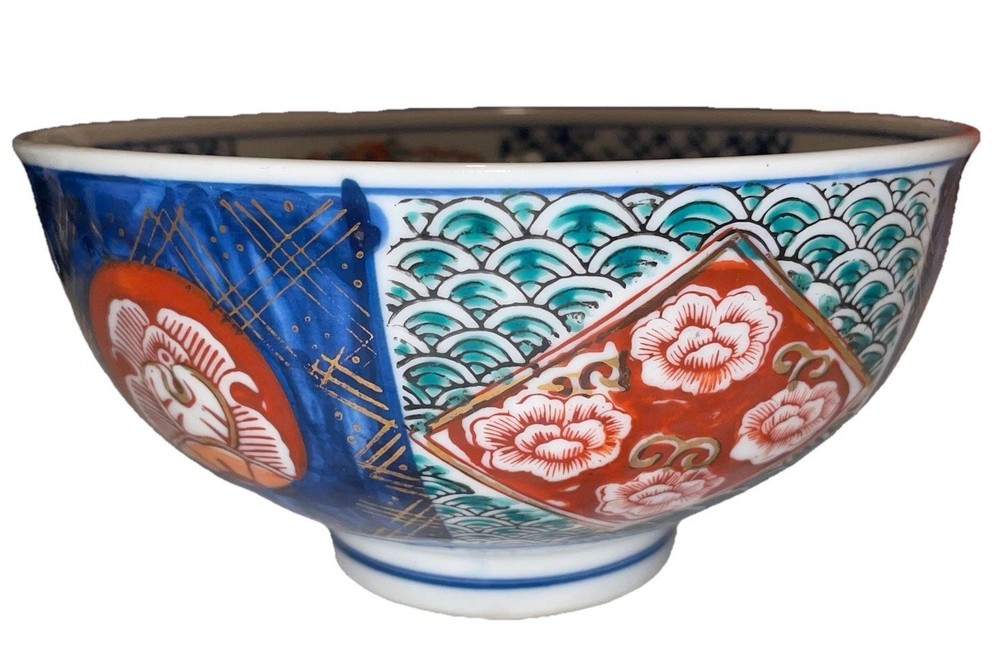 Vintage Japanese Imari Style Rice Bowl Blue Red Gold Chawan Floral Porcelain