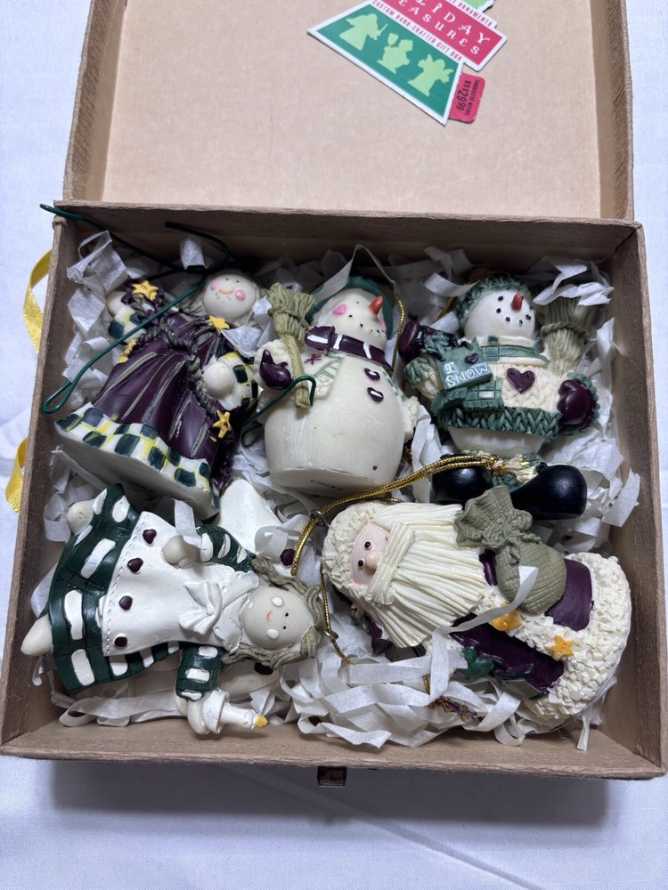 SET OF 5 Handcrafted Christmas Ornaments Santa Angels Snowmen In Decorated Box