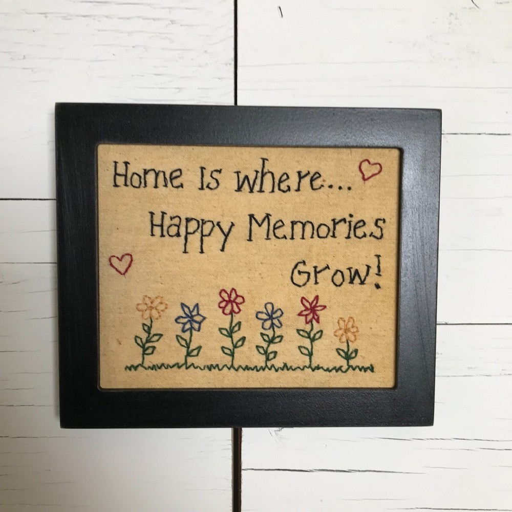 Home is where Happy Memories Grow Vintage Look Framed Stitchery 8