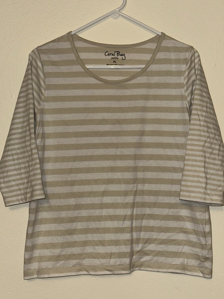 Coral Bay Beige White Striped Cotton Polyester Knit 3/4 Sleeve Top Petite PL