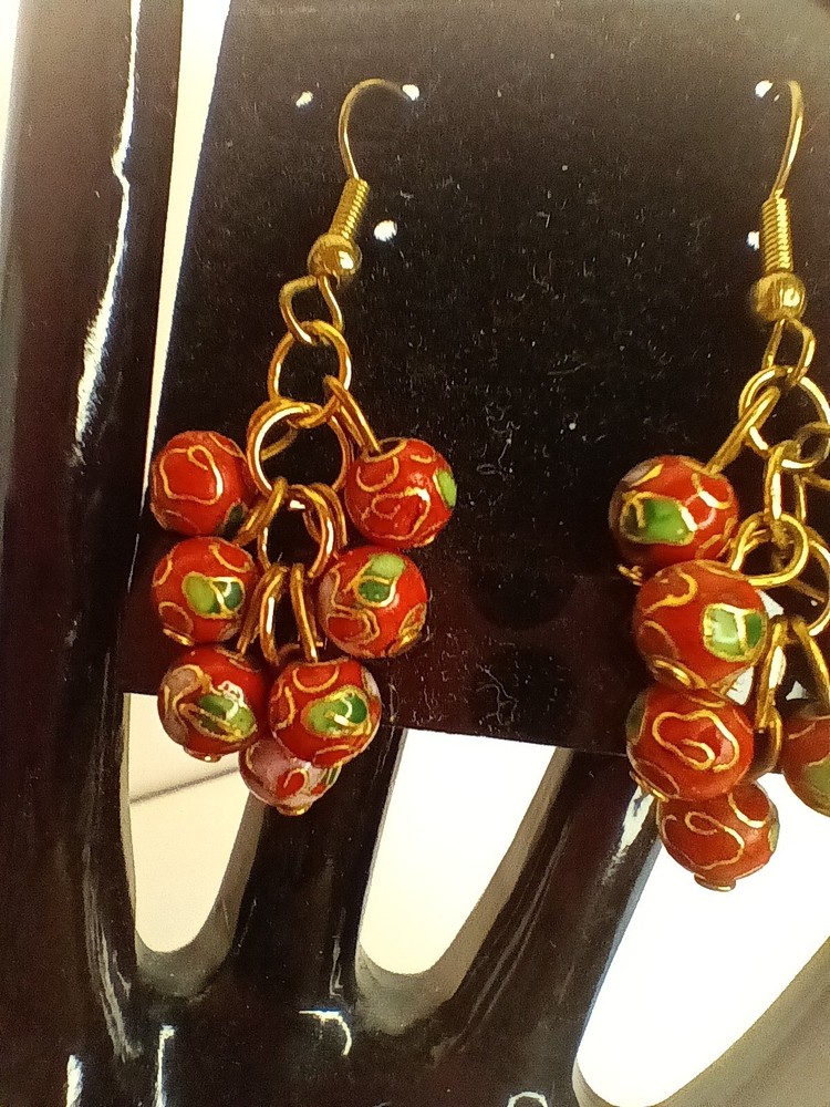 Cloisonne Multi Dangle Ball Red Earrings, Flower, Pierced Vintage Brass Tone