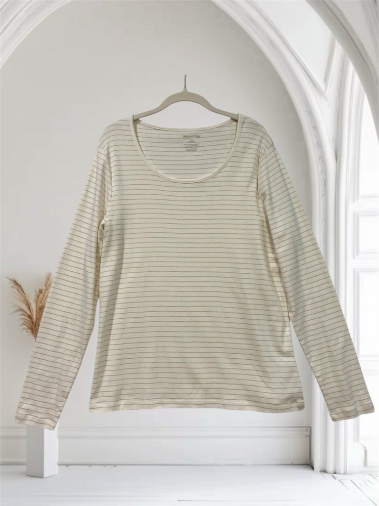 Women’s Metallic Stripe Long Sleeve Top Size Large White & Gold Casual Chic