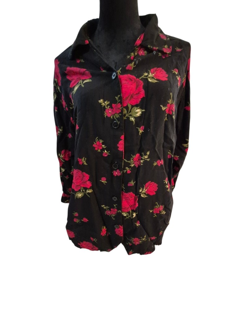 VTG Penny Lane M Button Up Shirt Dark Floral Whimsigoth Roses Rayon 90's